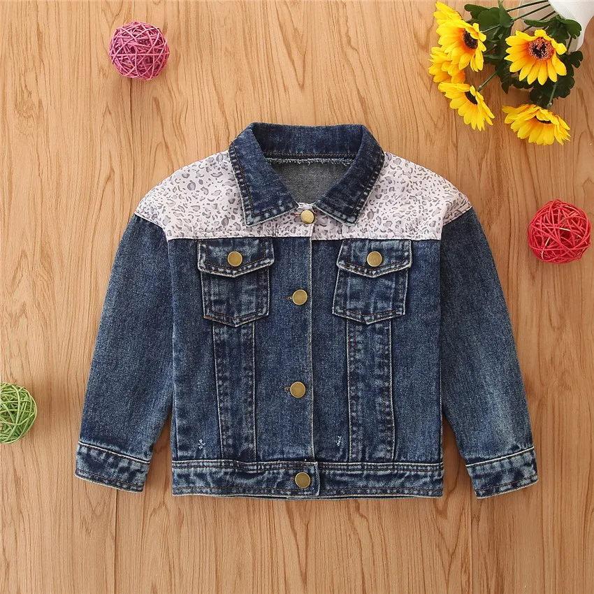 

B53710A 2020 autumn new little girls fashion leopard patchwork denim jacket, Blue