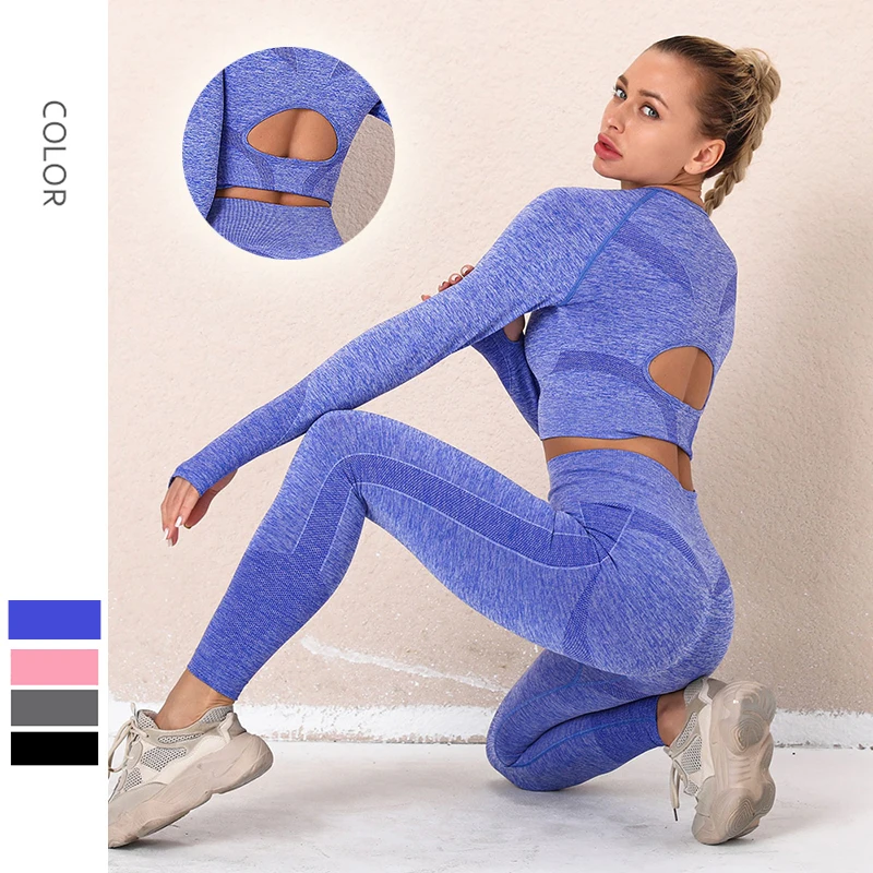 

2PCS Seamless Women's Sportswear Suit Yoga Set Gym Workout Clothes Long Sleeve Crop Top T-Shirt&Fitness Running Leggings Pants