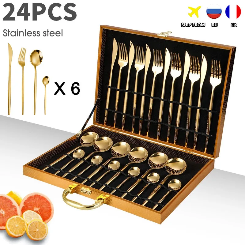 

24PCS Cutlery Set Stainless Knife Fork Spoon Flatware Tableware Set Gold Gift Box Portable Dinnerware Dishwasher Kitchenware, Gold/silver/black/color