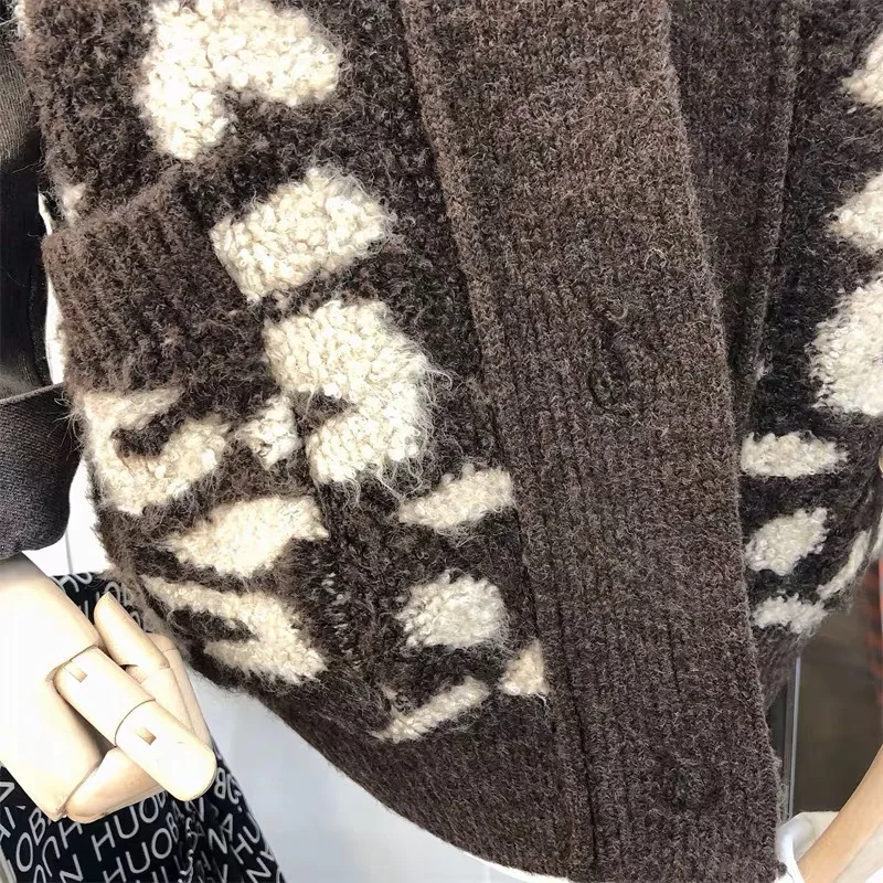 
leopard jacquard cardigan with contrasting jean sleeves buttoned knit sweater 
