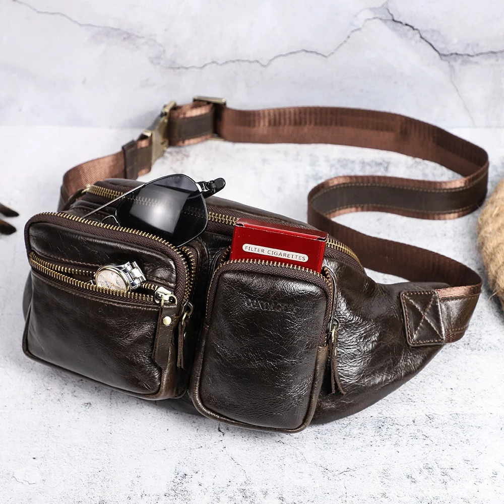 

Dropshipping Factory direct sell leather waist bag men's chest bags with multi-zipper pockets fanny pack for men genuine leather