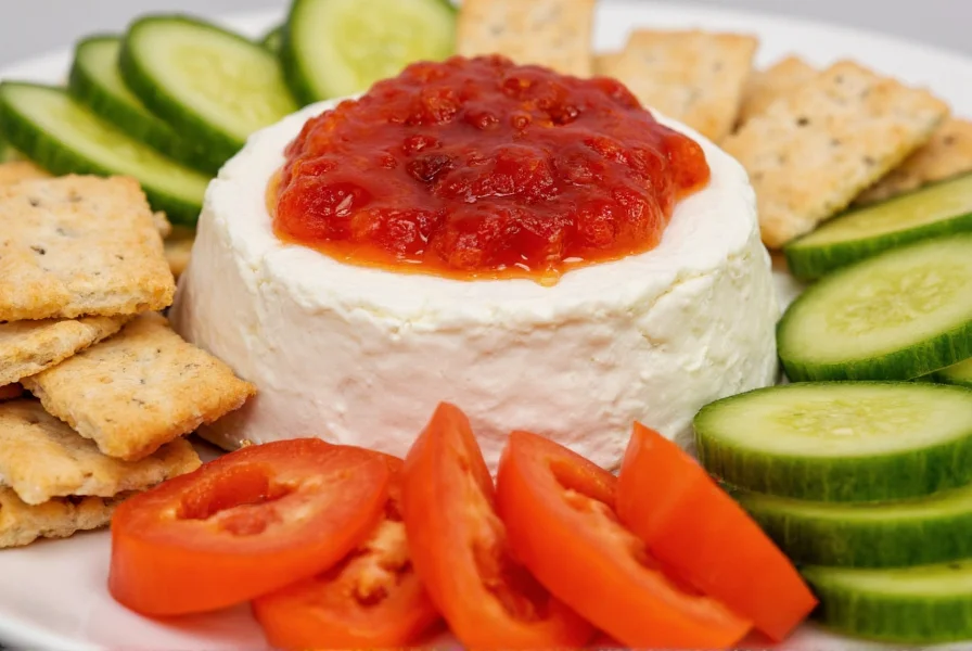 Cream cheese block topped with vibrant red pepper jelly surrounded by assorted crackers and fresh vegetables