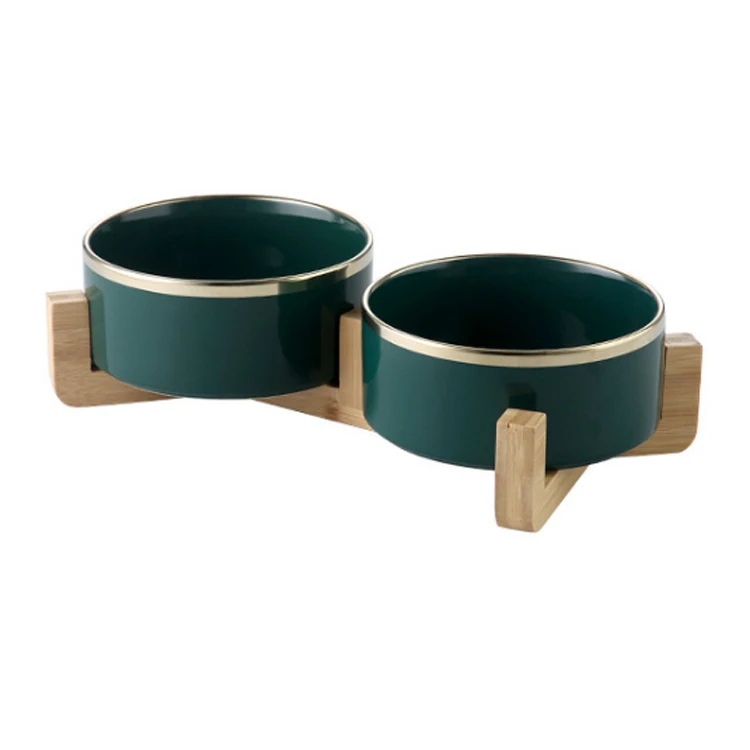 

Custom logo wholesale wood pet ceramic dog bowl set cat double bowl