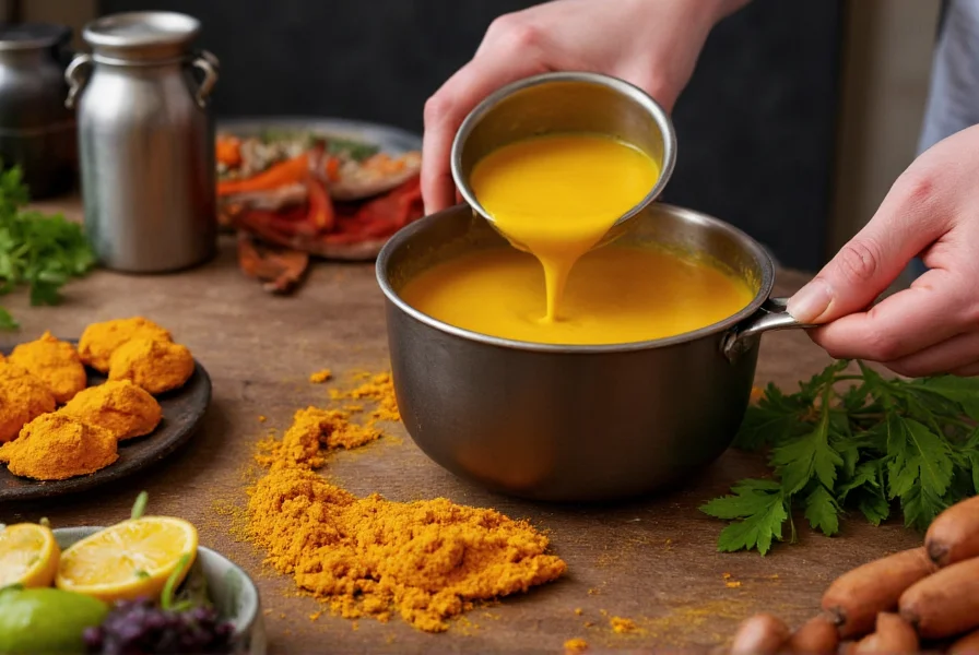 Person preparing turmeric golden milk in kitchen with fresh ingredients