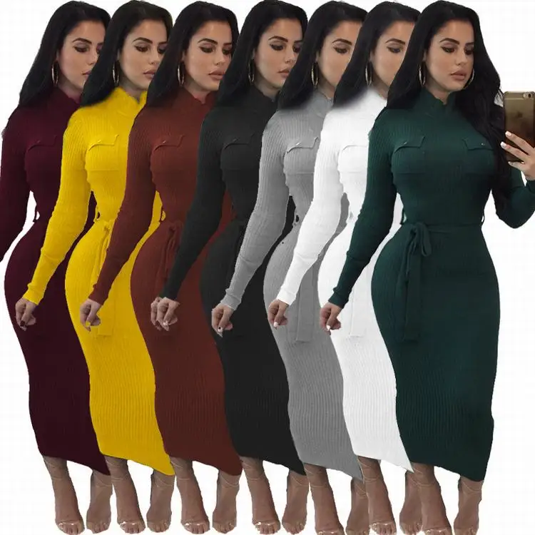 2020 Dropshipping Clothing Underknee Sheath Dress With Pockets And Waist Belt Party Dresses