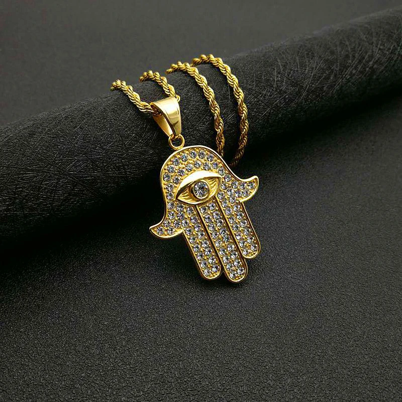 

Hip Hop Jewelry 18K Gold stainless steel Iced Out Evil CZ Eye Hamsa Hand of Fatima Pendant necklace, Gold,silver