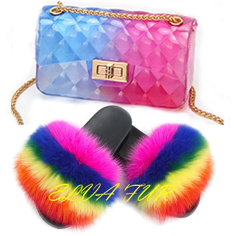 

2020 ELVA FUR Mixed color fur slippers style real 100% for women beach fur slides kids, Colours