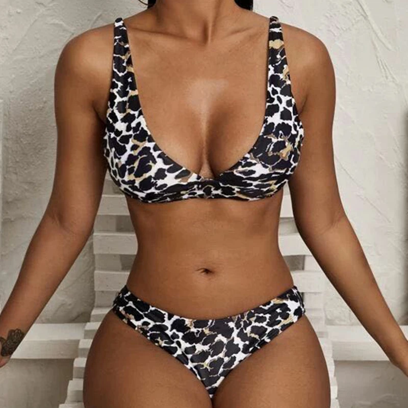 

Women's Two Pieces Leopard Print Bathing Suits Spaghetti Strap Swimsuit Thong Bikini Swimwear Set