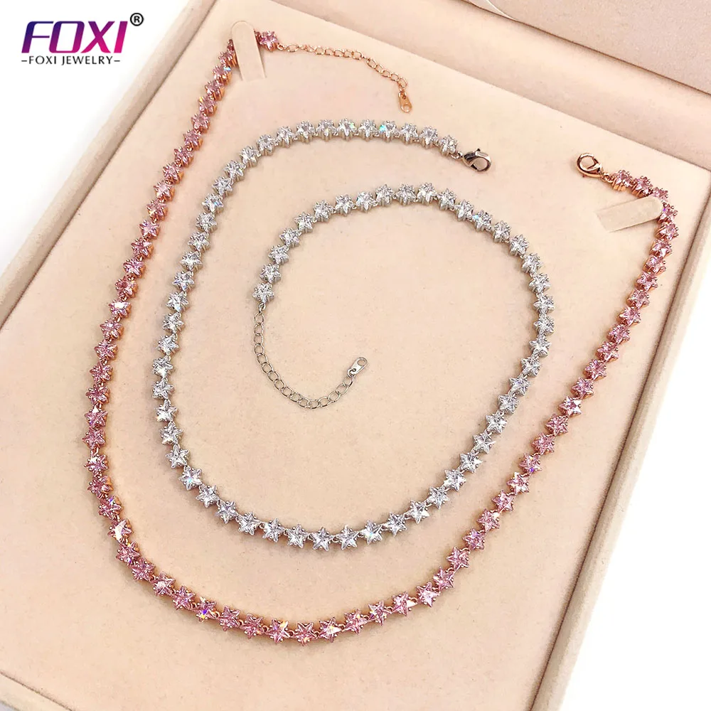 

FOXI Jewelry s925 silver plated 18K Gold tennis Chain star charm Necklace woman's jewelry