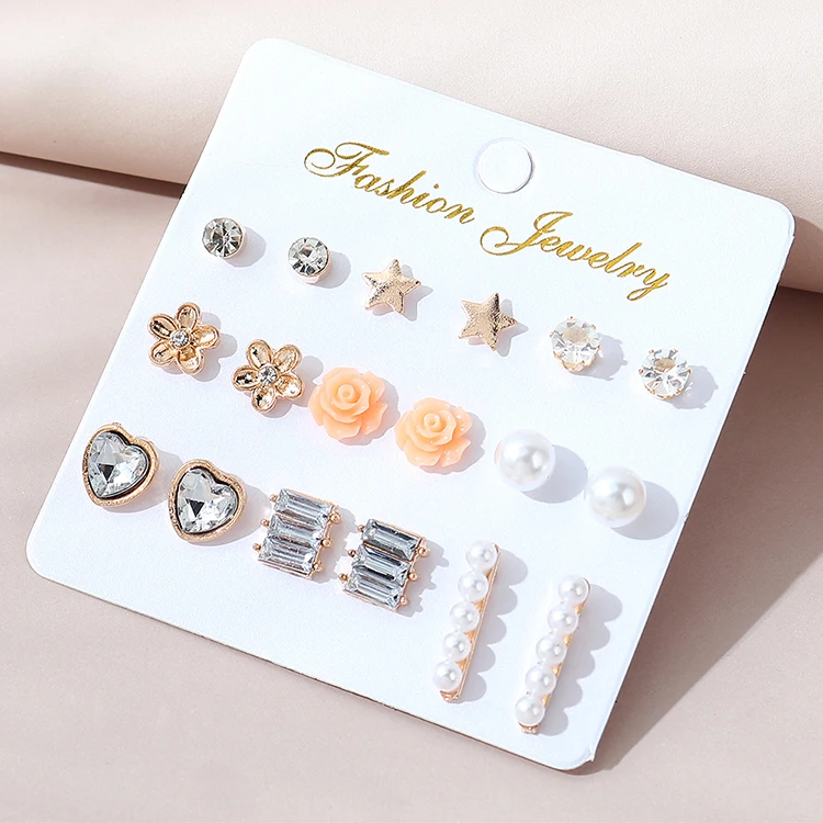 

Best Selling Wholesale Pearl Stud Earrings Geometric Flower Heart Star Earring Set For Girls