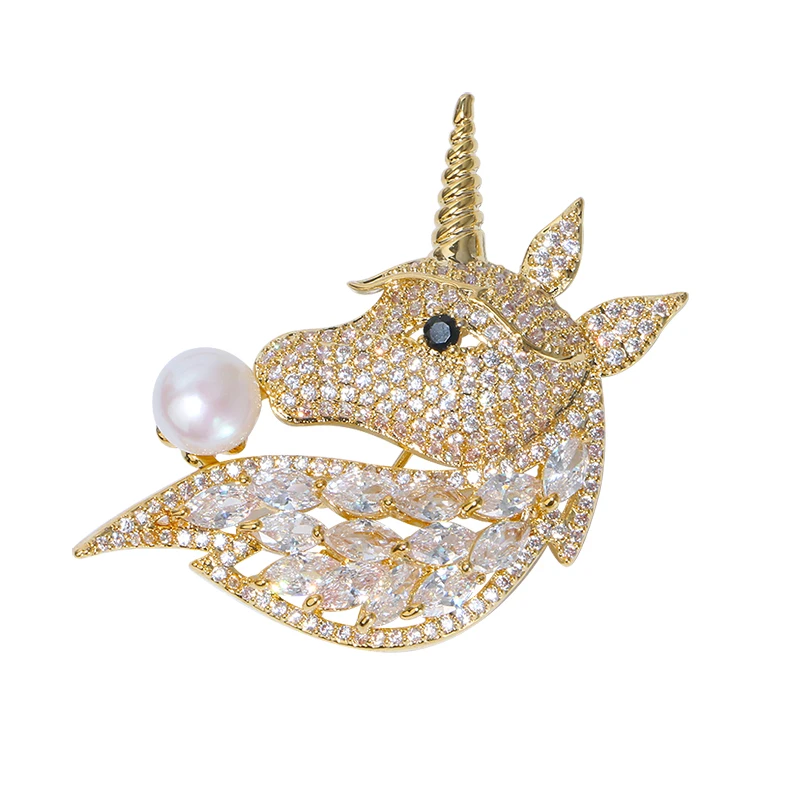 

2021 fashion style unicorn design gold color high luster button pearl brooch women jewelry