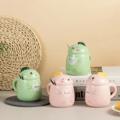 

Dinosaur ceramic mug cartoon mug with lid spoon cute breakfast milk coffee cup, As picture