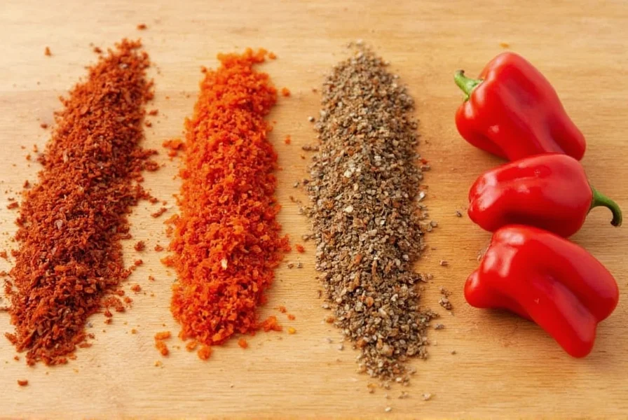 Close-up comparison of Calabrian peppers next to common substitutes: red pepper flakes, Aleppo pepper, and cherry peppers arranged on wooden cutting board