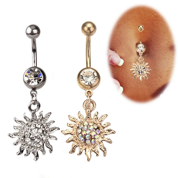 

belly button ring jewelry umbilical nail surgical steel full diamond gold sunflower crystal belly ring, Gold,steel color