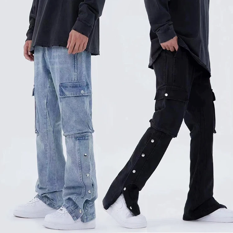 

New High street breasted washed jeans men retro Hip hop multi-bag loose casual workwear wide pants OEM men denim pants retro