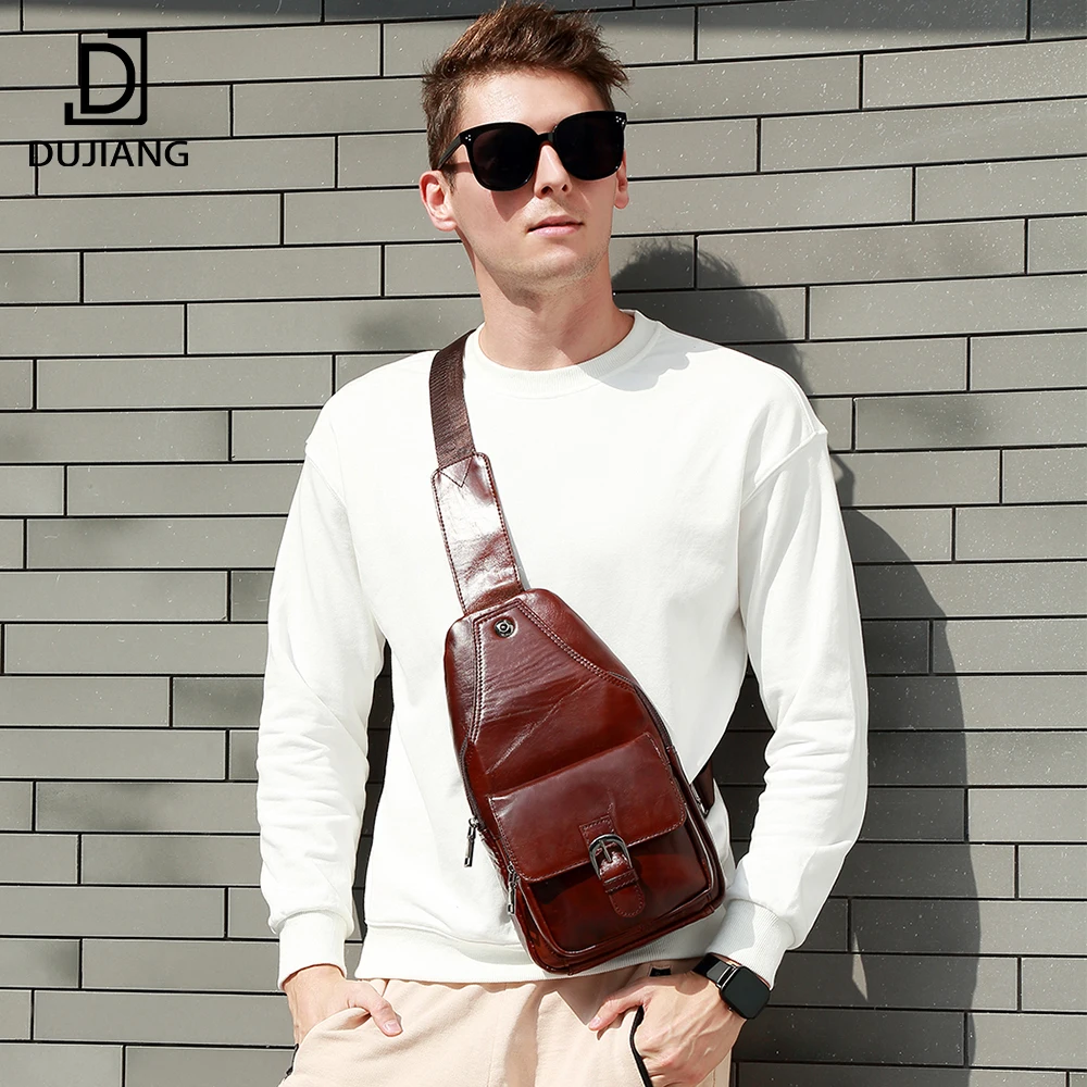 

DUJIANG Genuine Leather Crossbody Chest Bag Men Mobile Phone Bags Mens Messenger Shoulder Bag For Man, Coffee