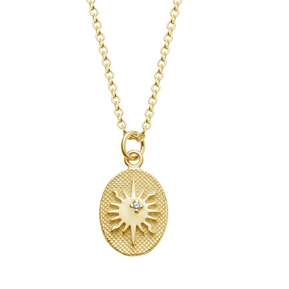 

fashion 925 sterling silver mysterious necklace for women with cubic zirconia 14K gold vermeil gold sun coin necklace