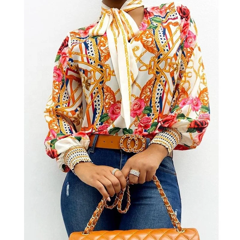 

2021 New Scarf Neck Baroque Print Lantern Sleeve Blouse Shirt Women V Neck Retro Print Elegant Ladies Shirt Fashion