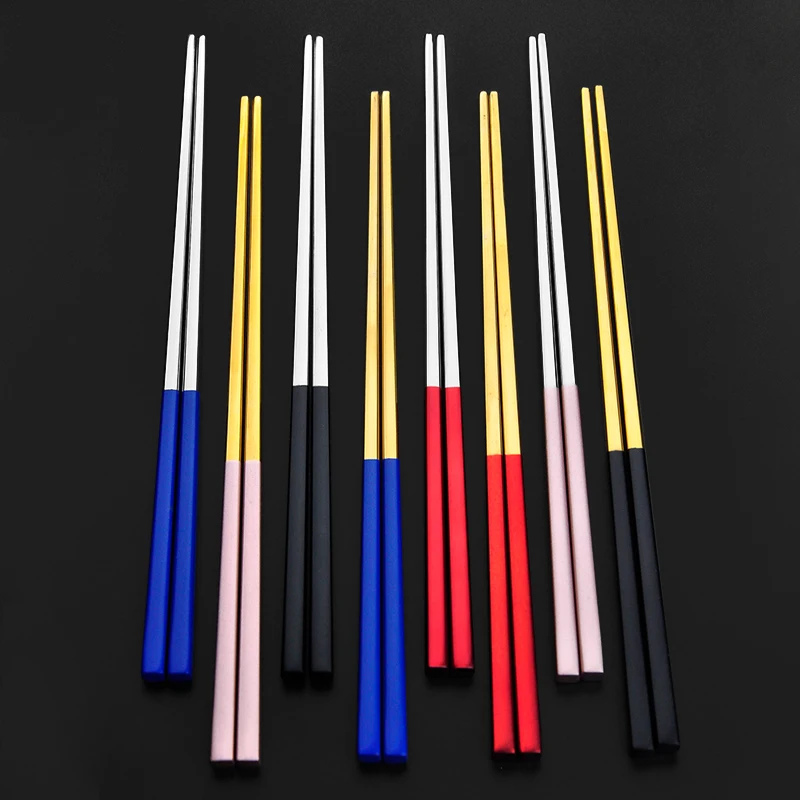 

Reusable Custom Square Shape Luxury Cute Titanium Plated Color Korean Sushi Stainless Steel Non-slip Pair Chopstick