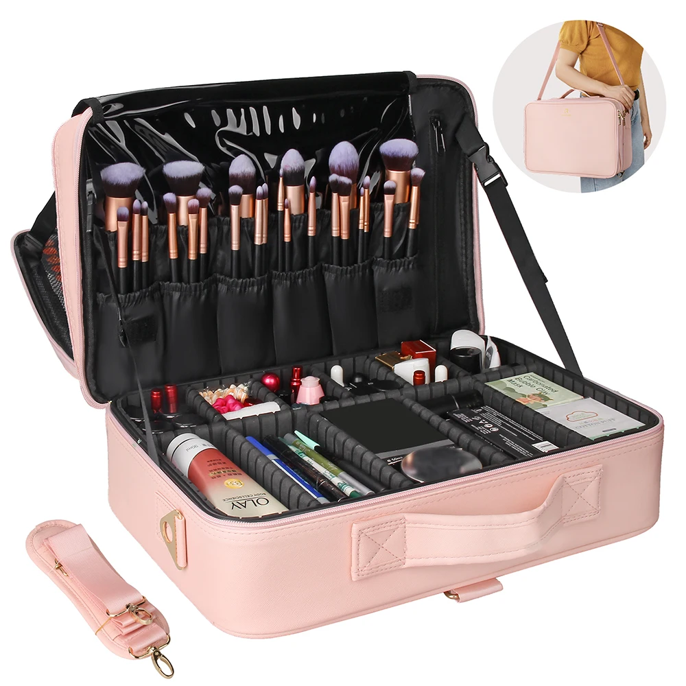 

Dropshipping Relavel New Professional 3 Layers Large Portable Waterproof Cosmetic Travel Makeup Brush Case, Pink