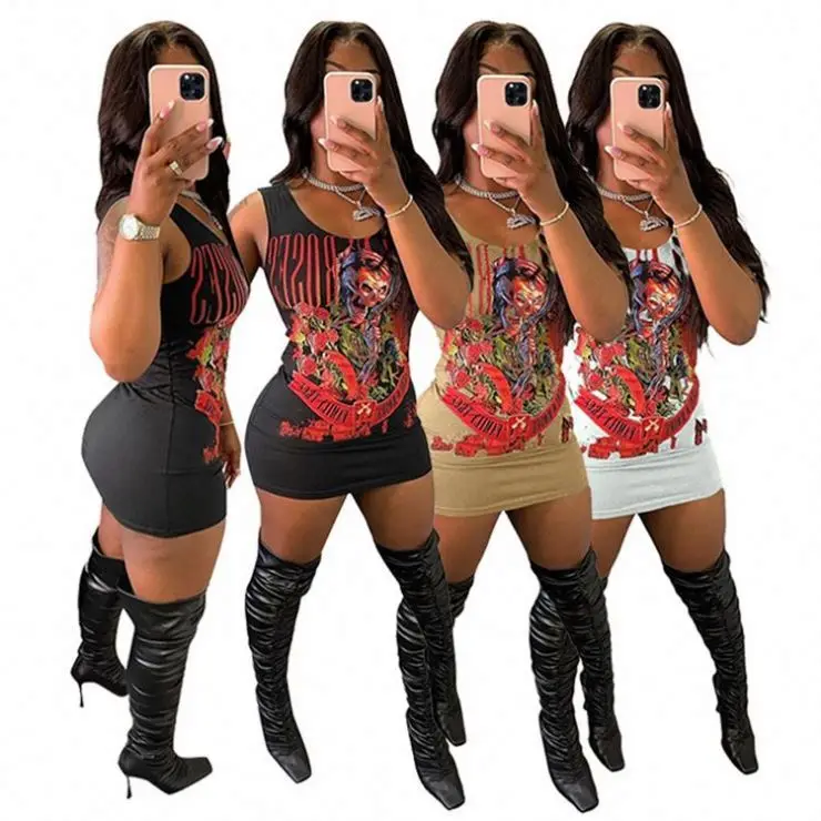 

AOMEI Fashion 2021 female clothing Print Bodycon Girl Dresses Women Summer Sexy Sleeveless Elegant Casual Dresses