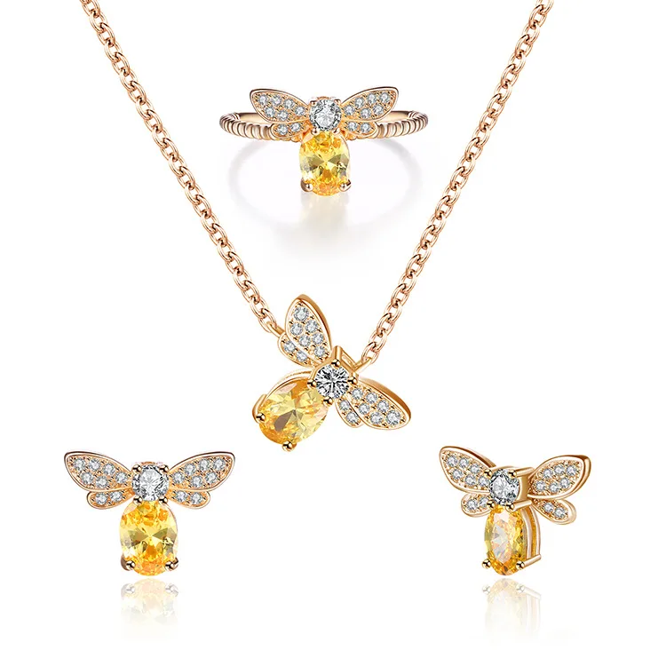 

Fashion Euramerican Style Little Bee Rings Earrings Necklaces Bridal Party Zircon Jewelry Set Three Piece Set