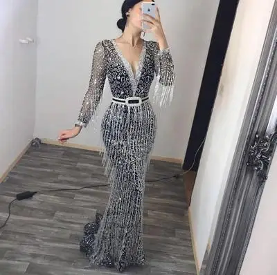 

2020 New Fashion European and American women's new long-sleeved sequined fringed evening dress, Shown