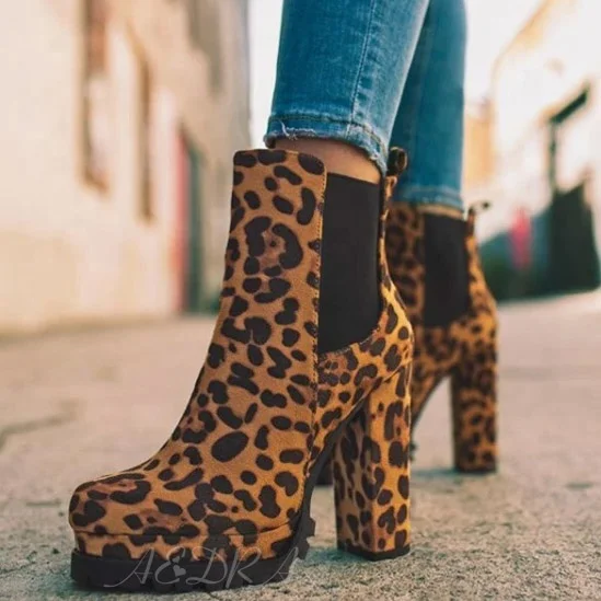 

Stretch Fabric Leopard Print Platform Round Toe Women Ankle Boots Big Size 43 Slip-on Chunky High Heel Short Booties For Ladies, Black,red,leopard