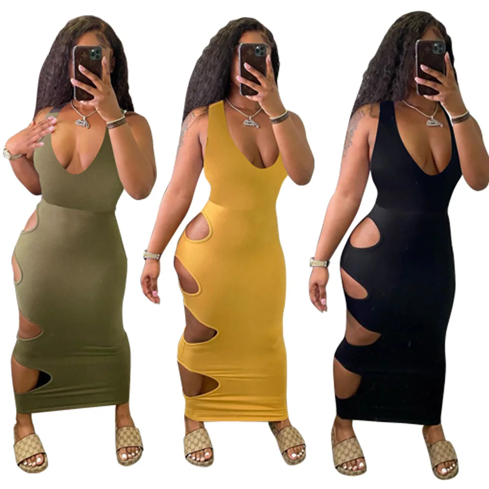 

Wefans Women's stand-alone ebay Amazon low-cut deep V ripped sleeveless long night party dresses for woman new arrivals 2021, Picture color