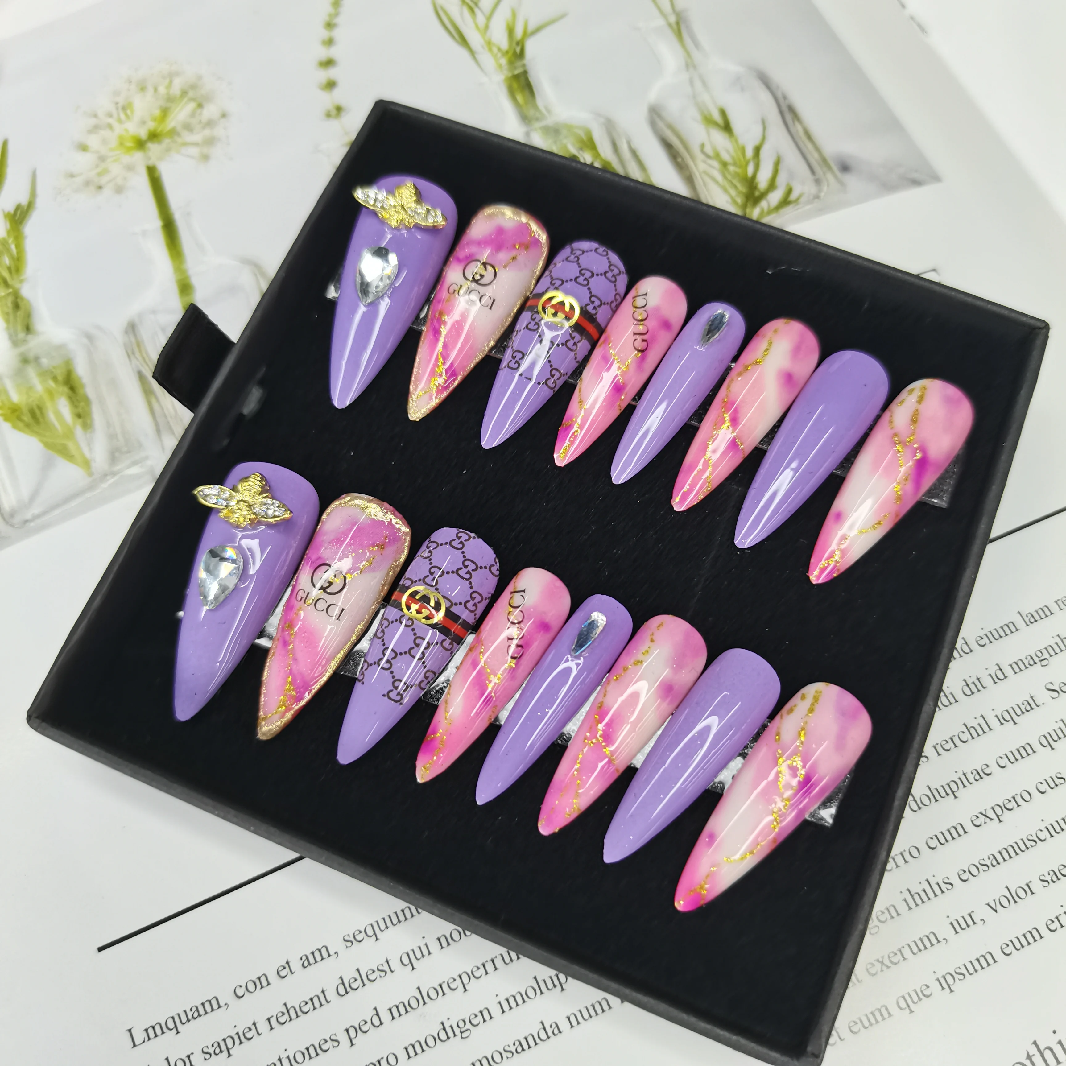 

Extreme Long Coffin Press On Nails With Rhinestone Pink Glitter Stick On Fake Nails Decorated Artificial Finger Nails