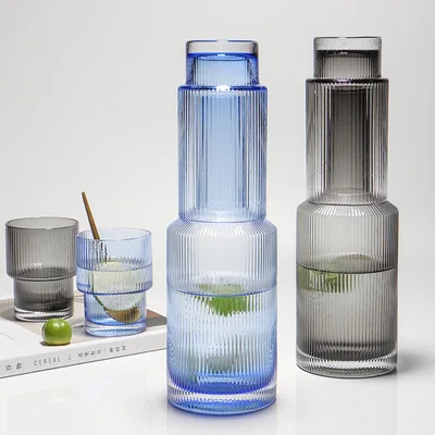 

Vertical Rib Ribbed Grey Blue Glass Water Carafe Bottle Glass Cup Cups Jug Set
