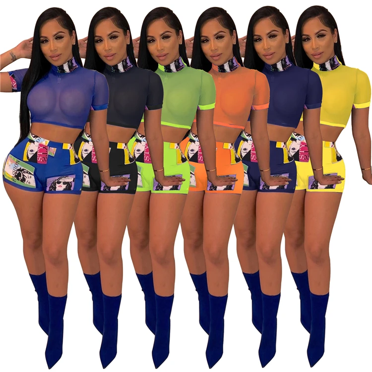 

See Through Mesh 2 Piece Set Sexy Clubwear Short Two Piece Summer Outfit Women Clothing 2021, As pictures or customized color