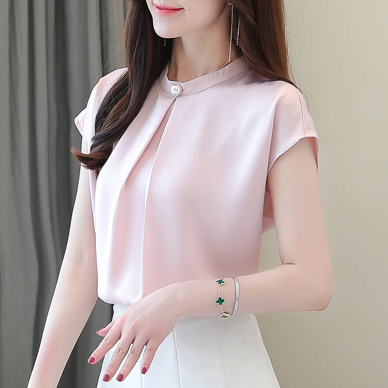 

New Korean Temperament Solid Color Round Neck One Button Pullover Women Short Sleeve Chiffon Shirt for Office Ladies Tops Wear, White, pink
