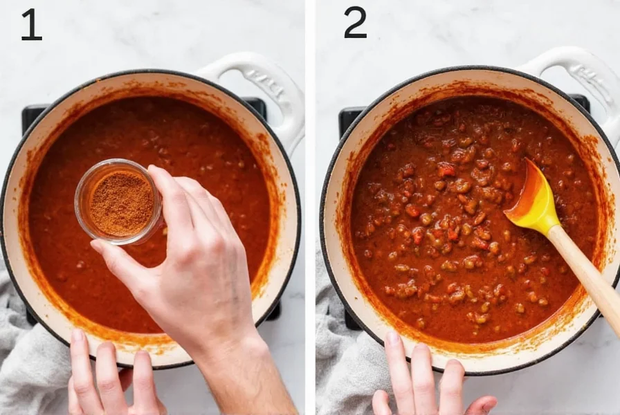 Step-by-step preparation of Cincinnati-style Skyline Chili dip showing spice mixture being added to simmering meat sauce