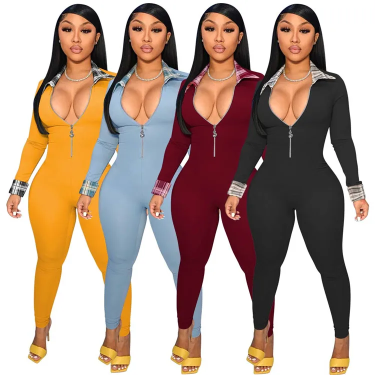 

2021 Autumn Ladies Bodycon Rompers Long Sleeve Zipper Turndown Collar Women One Piece Jumpsuits, Picture shown