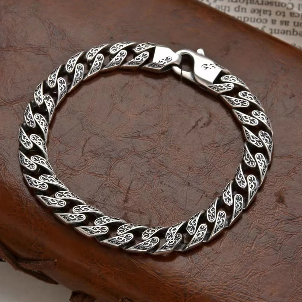 

New arrival Wholesale Vintage Patterned Bracelet S925 Sterling Silver Hiphop Punk Rock Men's Cuban Chain Bracelet Jewelry