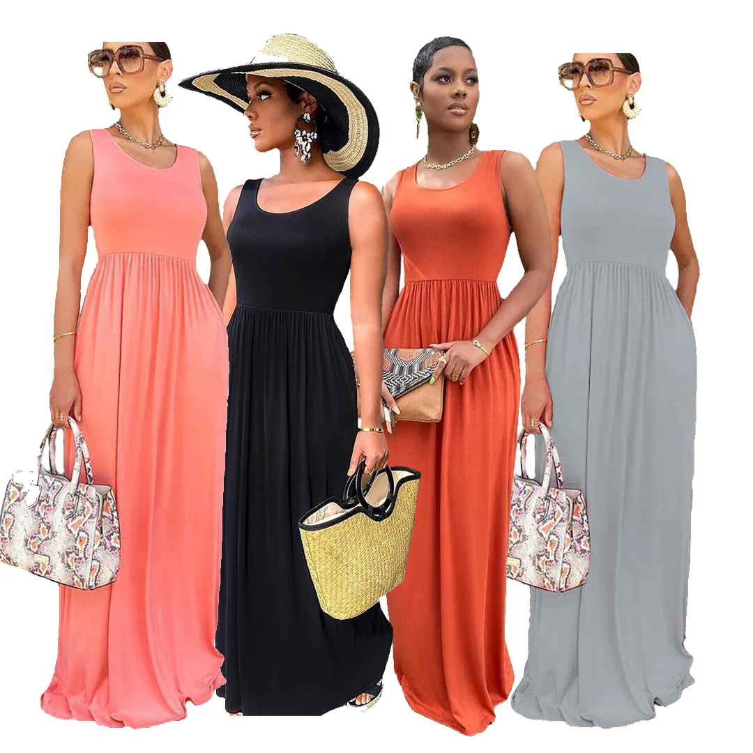 

2021 New Arrivals Long Dress Solid Pleated Sleeveless Slim Fit Women's Maxi Dresses