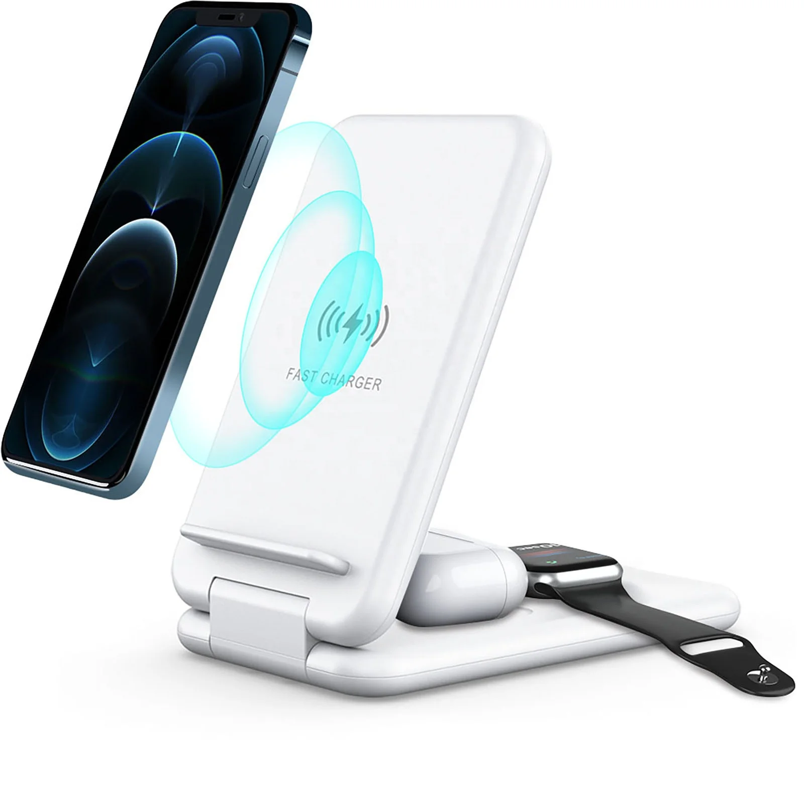 

New Model 2021 Universal Foldable 15W 10W Fast Charge White Qi 3in1 Phone Wireless Charger Stand 3 in 1 Charging Dock Station, Black, white, or custom color