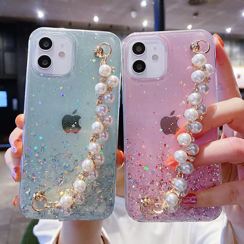 

Glitter Pearl Chain Wrist Strap Phone Case For iPhone 11 12 Pro Max 12 Mini XR XS Max X 7 8 Plus 12 11 Pro 12 Transparent Cover