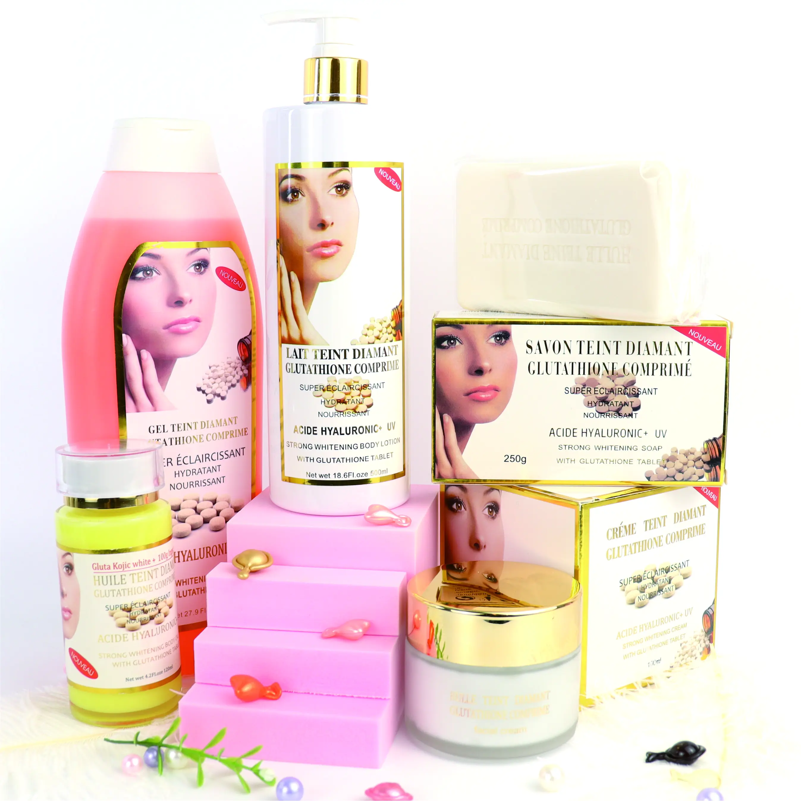 

Custom Private Label Skin Bleaching Anti Aging Glutathio Extract Organic Eclaircissant Whitening Skin Care Set 5 In1, White