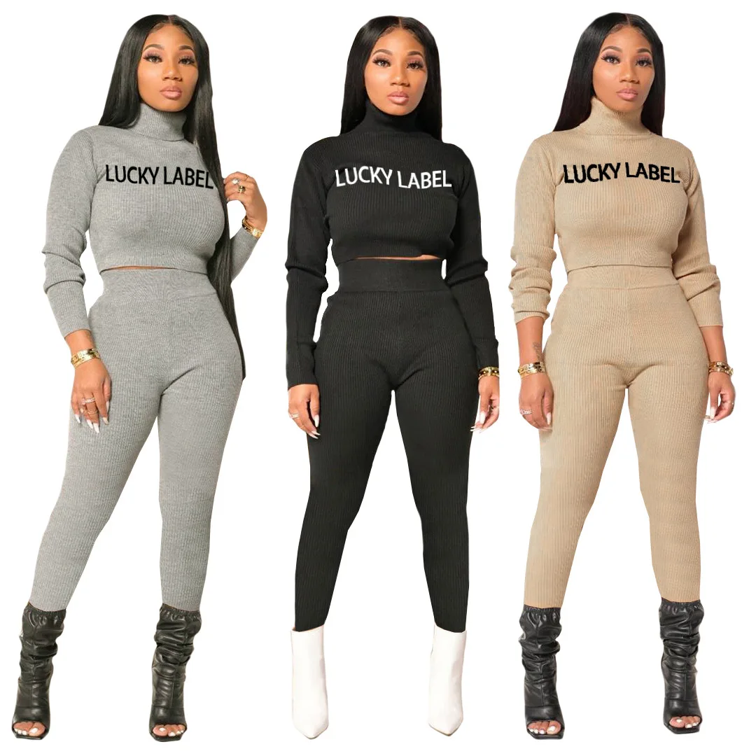 

2021 ribbed two piece sets turtleneck Tops Printed Lucky Label Outfits Women's knitted High Waist Bodycon Sweatsuit, Customized color
