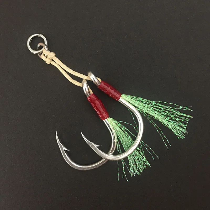 

Jig Assist Hook Double Hook 1/0# 5/0# 7/0# Metal Jig High Carbon Steel Feather Fishing Hook, Red