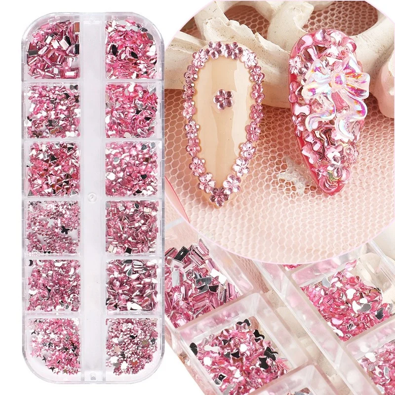 

12 Grid/Box AB Crystal 3D Flat Back Different Shaped Resin Glass Nail Rhinestone for Nail Art Decoration, 4 colors