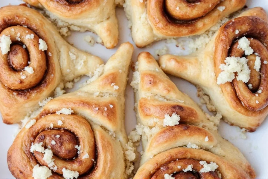 Step-by-step process of shaping cinnamon roll dough into Christmas tree pattern on baking sheet