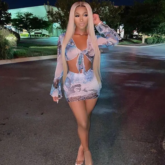 

2021 European and American summer beach women's hot sale transparent mesh printed sexy two-piece set