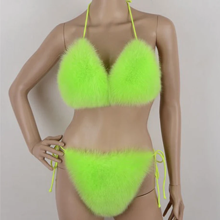 

2020 trendy women multicolor 2 pc set sexy oversize real fox fur lingerie set fur lingerie
