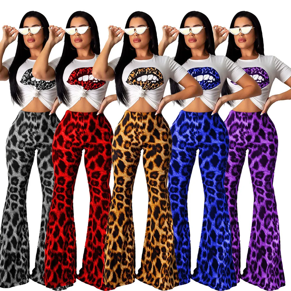 New Arrivals Fashion Women Casual O-Neck Short Sleeve T-shirt Flared Pants 2 Pieces Set Leopard Print Outfits Jumpsuit