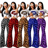 

New Arrivals Fashion Women Casual O-Neck Short Sleeve T-shirt Flared Pants 2 Pieces Set Leopard Print Outfits Jumpsuit