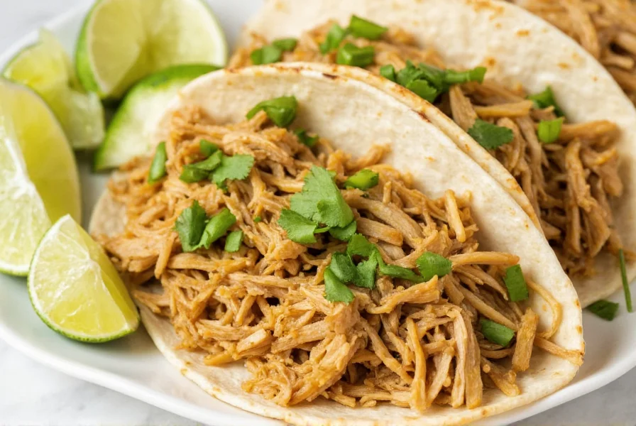 Shredded green chili chicken served in warm tortillas with fresh cilantro and lime wedges