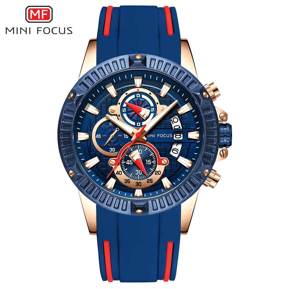

MINI FOCUS MF0244G trending blue male quartz watch vive Silicone band 3 dials auto date character casual hand watch
